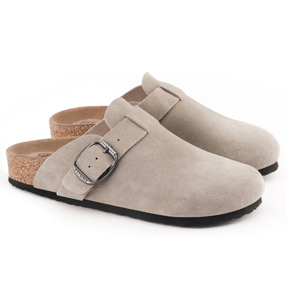 FITORY Womens Taupe Suede Leather Cork Footbed Clogs Mules Size 10 NEW